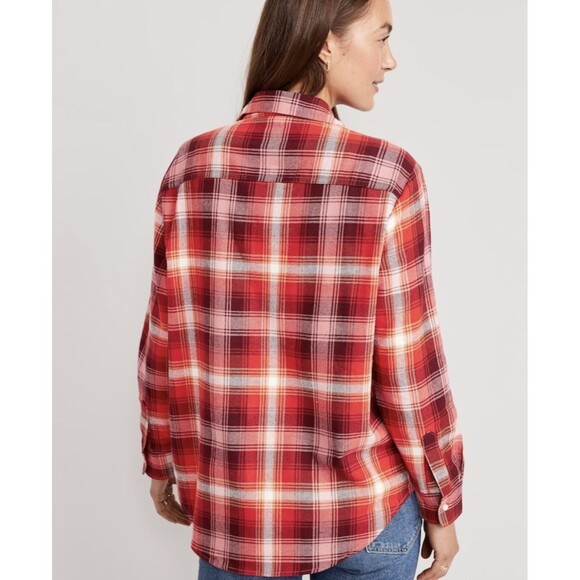 NWT Women's Old Navy Multi Red Plaid Flannel Loose Boyfriend Tunic Shirt XL - Picture 2 of 7